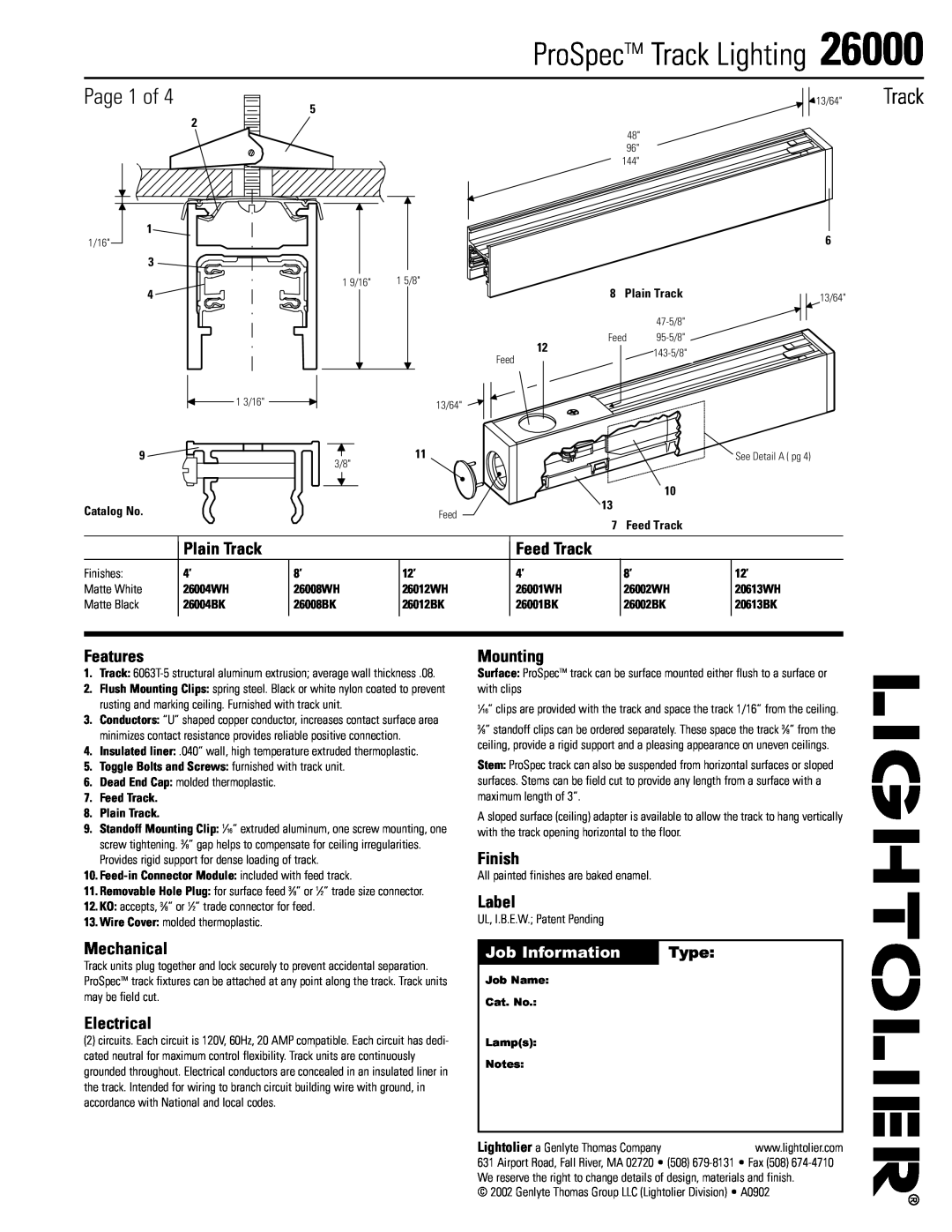 Lightolier 26000 manual ProSpecTM Track Lighting, Page 1 of, Plain Track, Feed Track, Features, Mounting, Finish, Label 