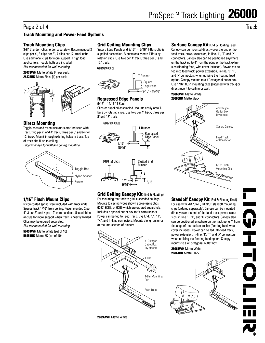 Lightolier 26000 Page 2 of, Track Mounting and Power Feed Systems, Track Mounting Clips, Grid Ceiling Mounting Clips 