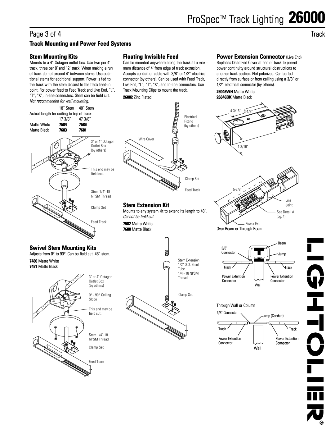 Lightolier 26000 manual Page 3 of, Stem Mounting Kits, Floating Invisible Feed, Power Extension Connector Live End, Track 