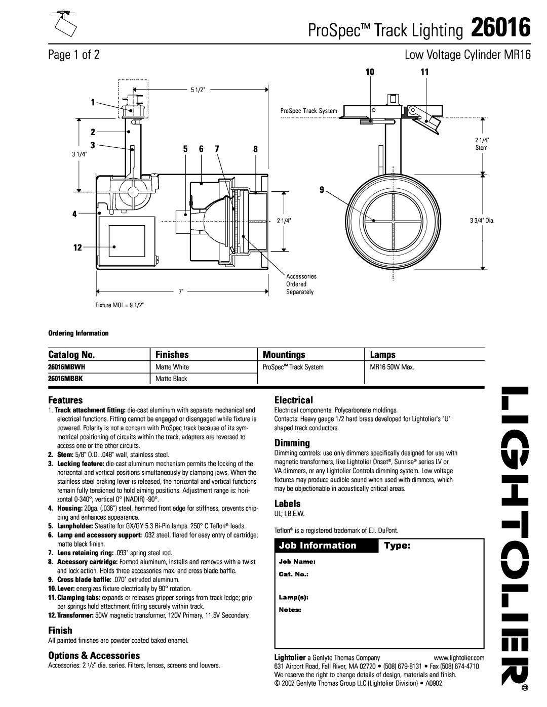 Lightolier 26016 manual Page 1 of, Low Voltage Cylinder MR16, ProSpec Track Lighting, Catalog No, Finishes, Mountings 