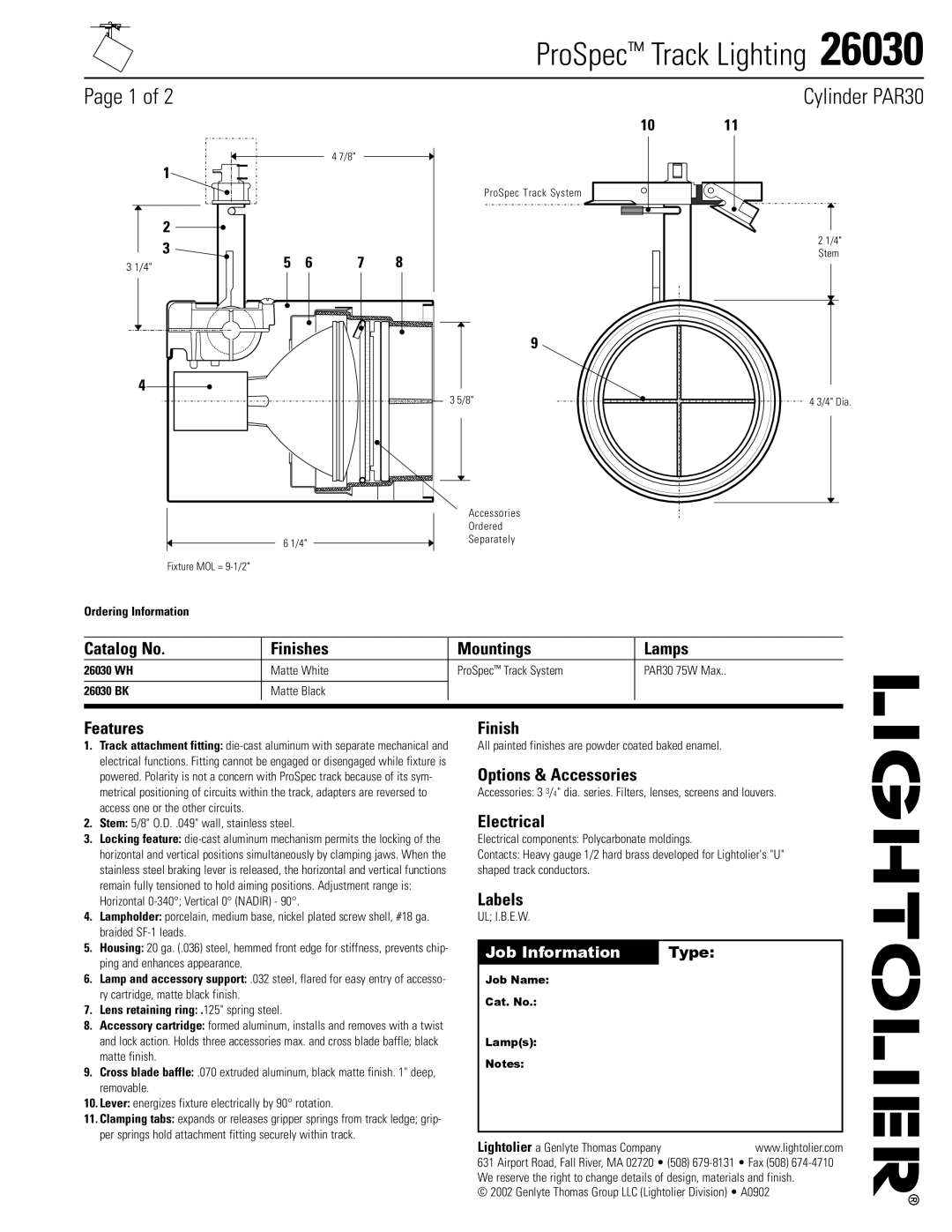 Lightolier 26030 manual Catalog No Finishes Mountings Lamps, Features, Options & Accessories, Electrical, Labels 