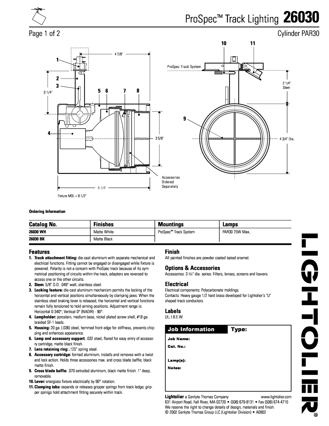 Lightolier manual ProSpec Track Lighting, Page 1 of, Cylinder PAR30, 1011, Job Information, Type, 26030 WH, 26030 BK 