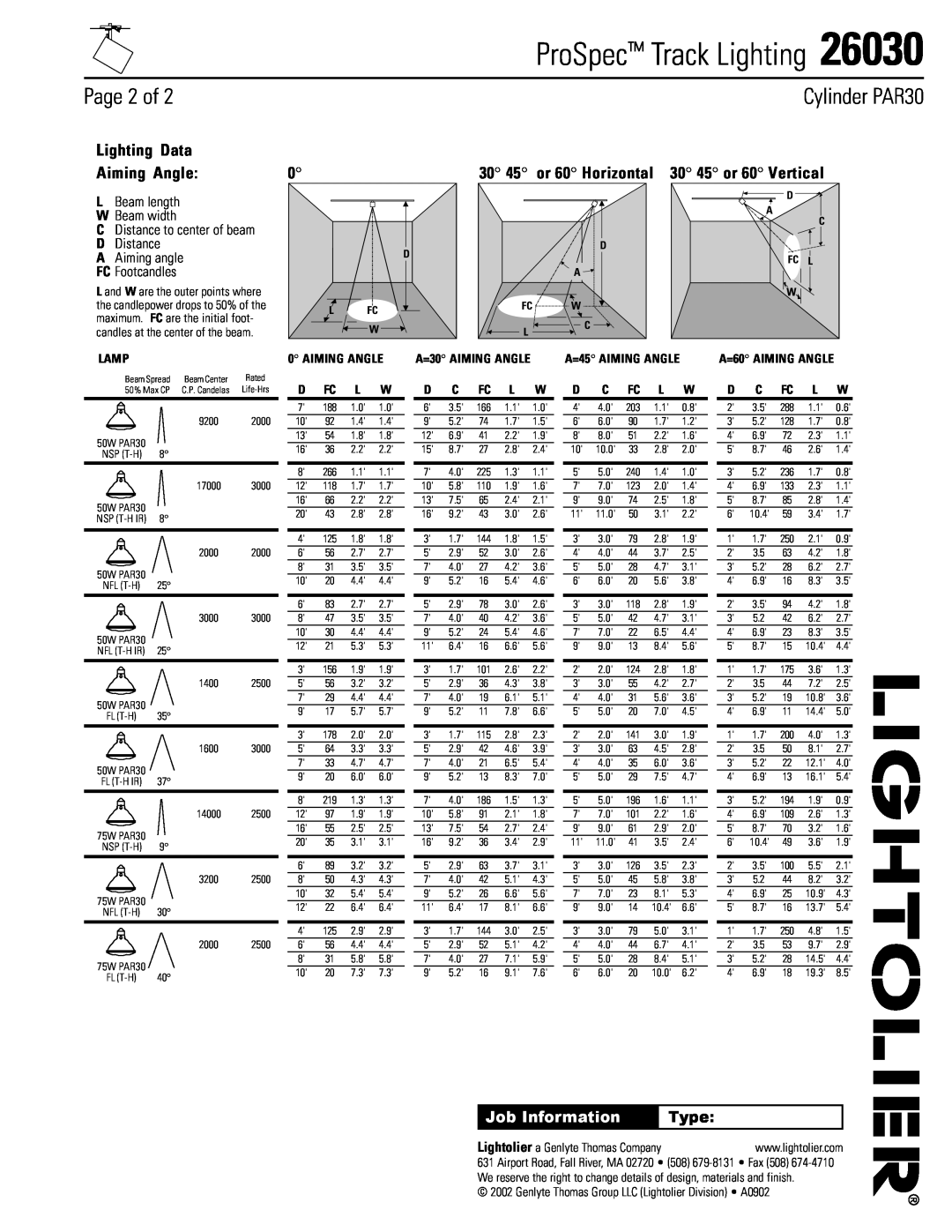 Lightolier 26030 Page 2 of, Lighting Data Aiming Angle, Type, Lamp, D Fc L W, D C Fc L W, ProSpec Track Lighting, D L Fc 
