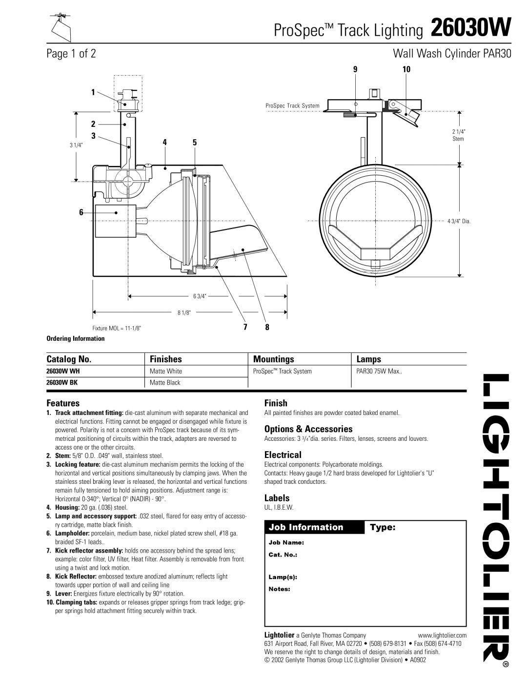 Lightolier 26030W manual Catalog No Finishes Mountings Lamps, Features, Options & Accessories, Electrical, Labels 