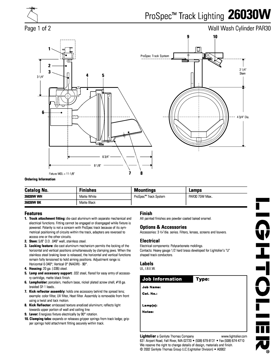 Lightolier manual Job Information, Type, Ordering Information, 26030W WH, 26030W BK, ProSpec Track Lighting 26030W 