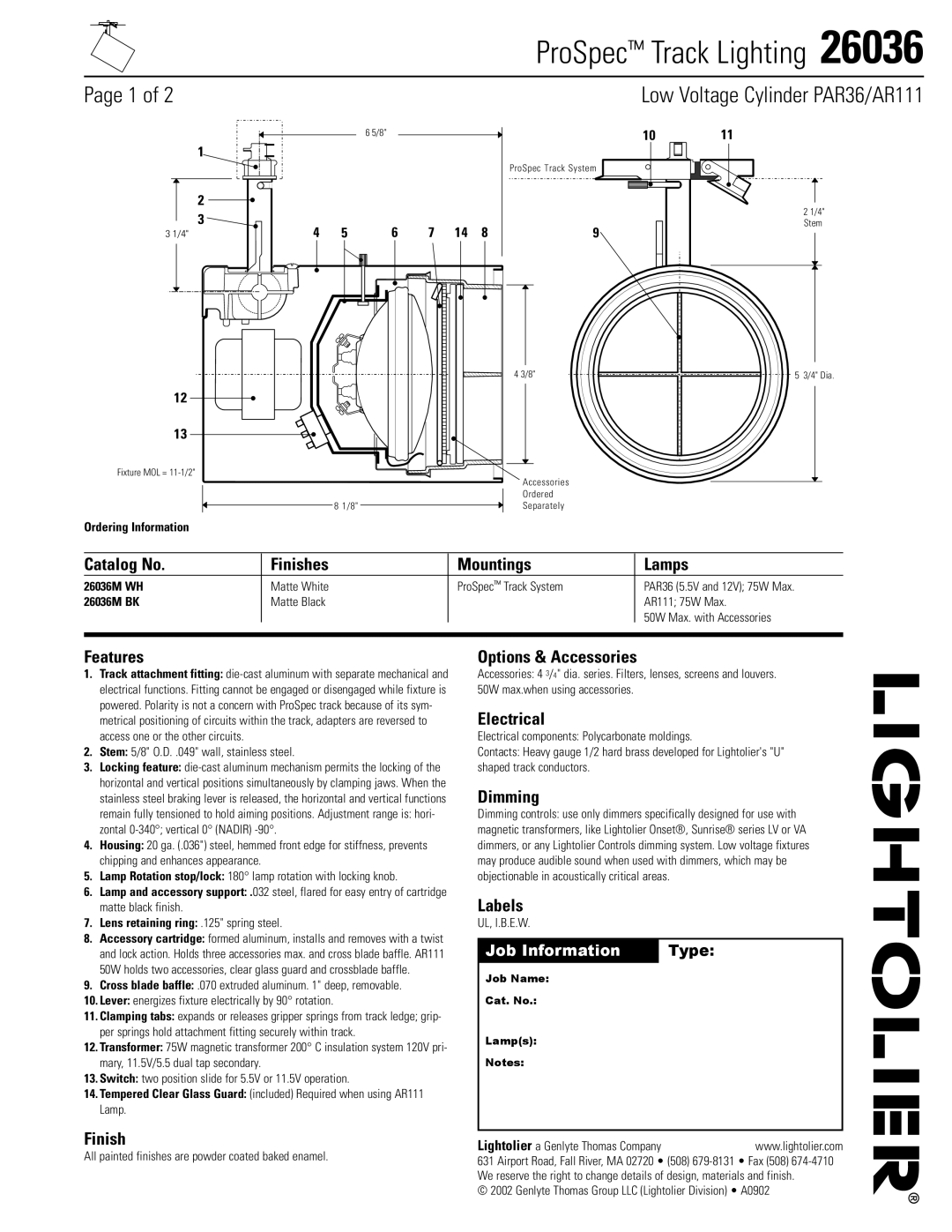 Lightolier 26036 manual Catalog No Finishes Mountings Lamps, Features, Options & Accessories, Electrical, Dimming, Labels 