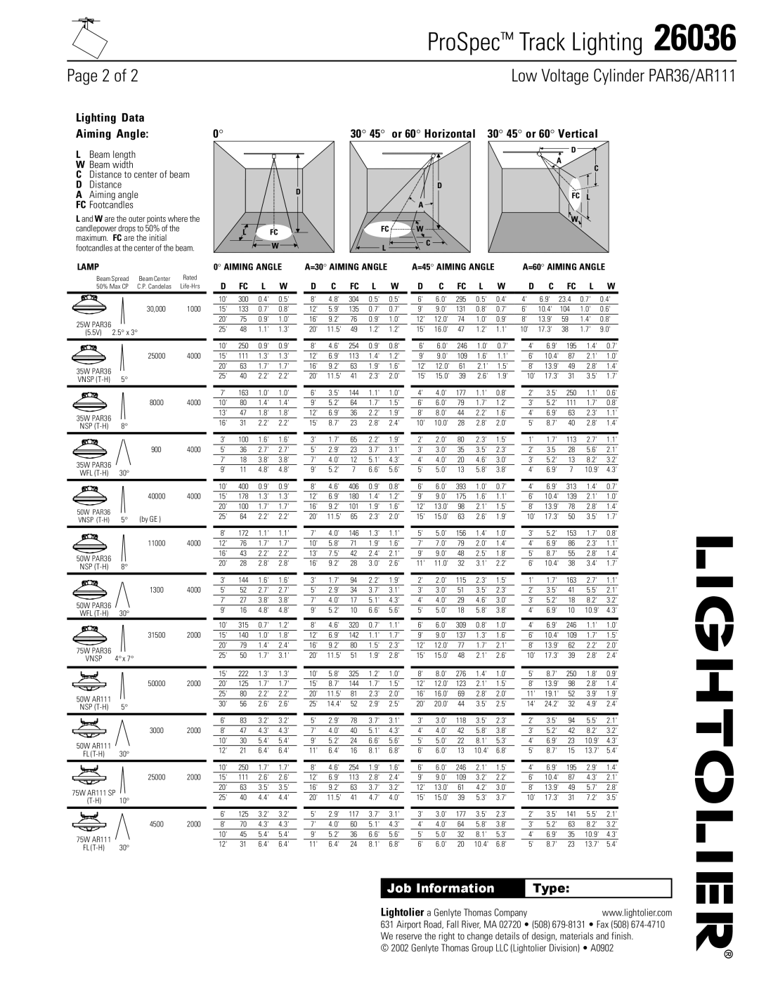 Lightolier 26036 manual 30 45 or 60 Horizontal 30 45 or 60 Vertical, Type, Distance to center of beam D Distance 