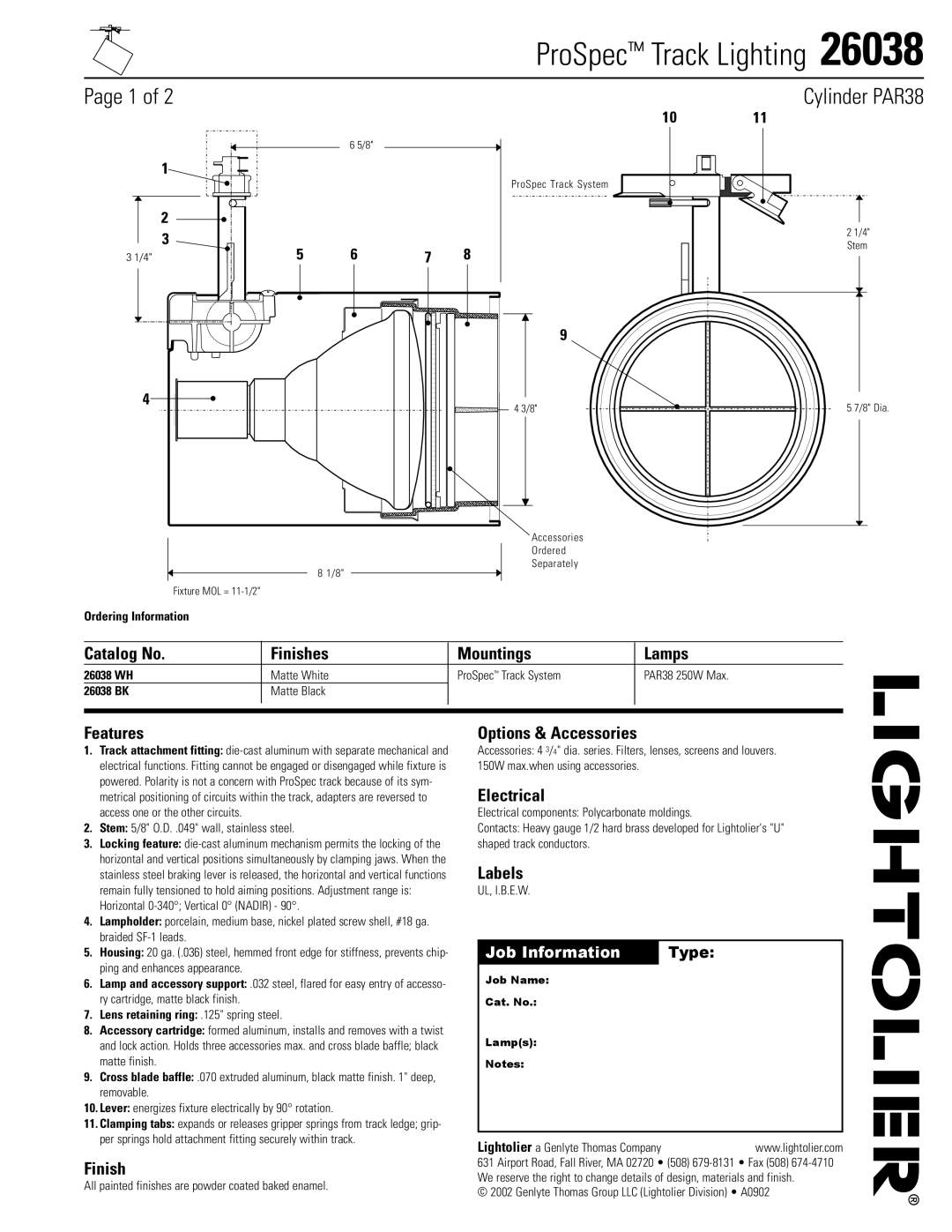 Lightolier 26038 manual Catalog No Finishes Mountings Lamps, Features, Options & Accessories, Electrical, Labels 