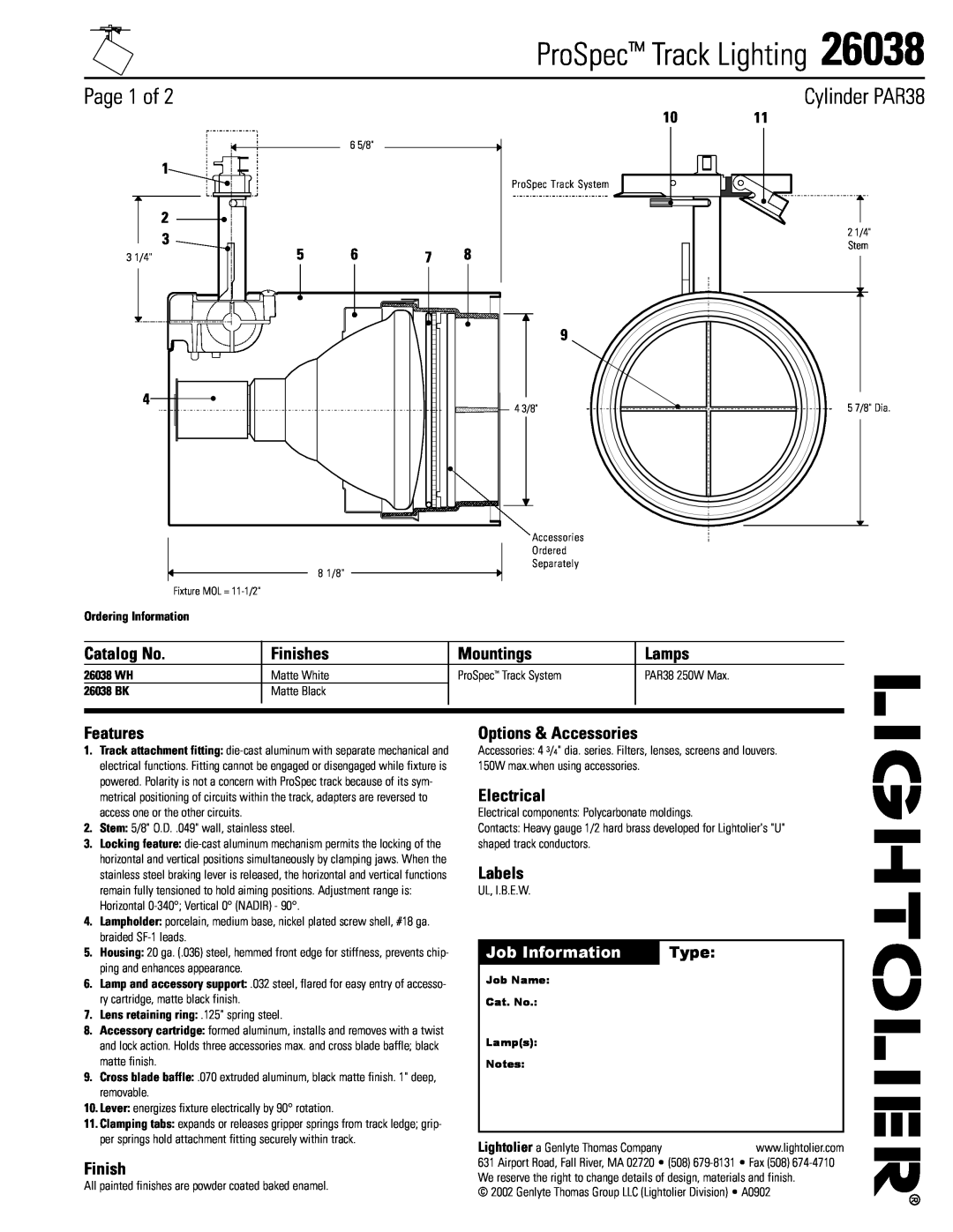 Lightolier 26038 manual ProSpec Track Lighting, Page 1 of, Cylinder PAR38, Job Information, Type, Catalog No, Finishes 