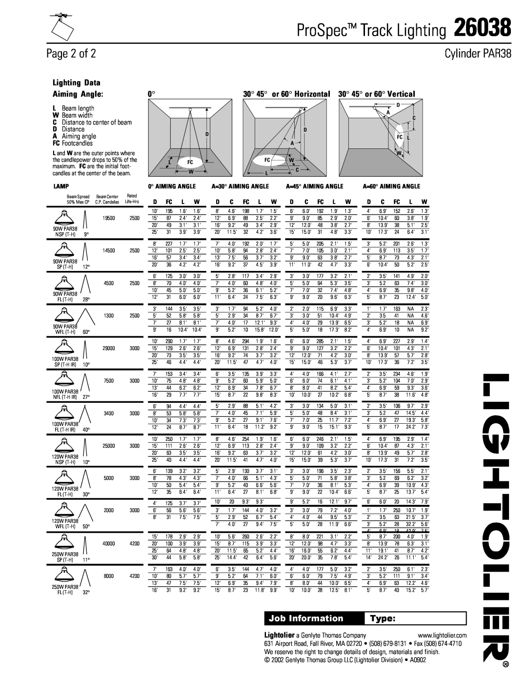 Lightolier 26038 Page 2 of, 30 45 or 60 Horizontal 30 45 or 60 Vertical, Type, ProSpec Track Lighting, Cylinder PAR38 