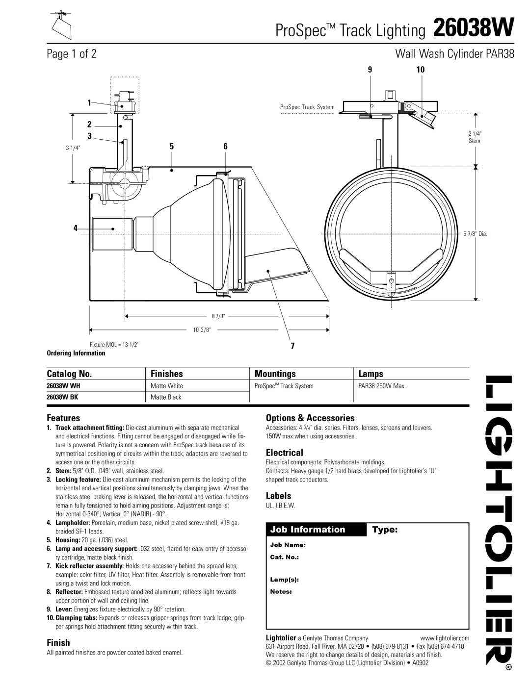 Lightolier 26038W manual Catalog No Finishes Mountings Lamps, Features, Options & Accessories, Electrical, Labels 