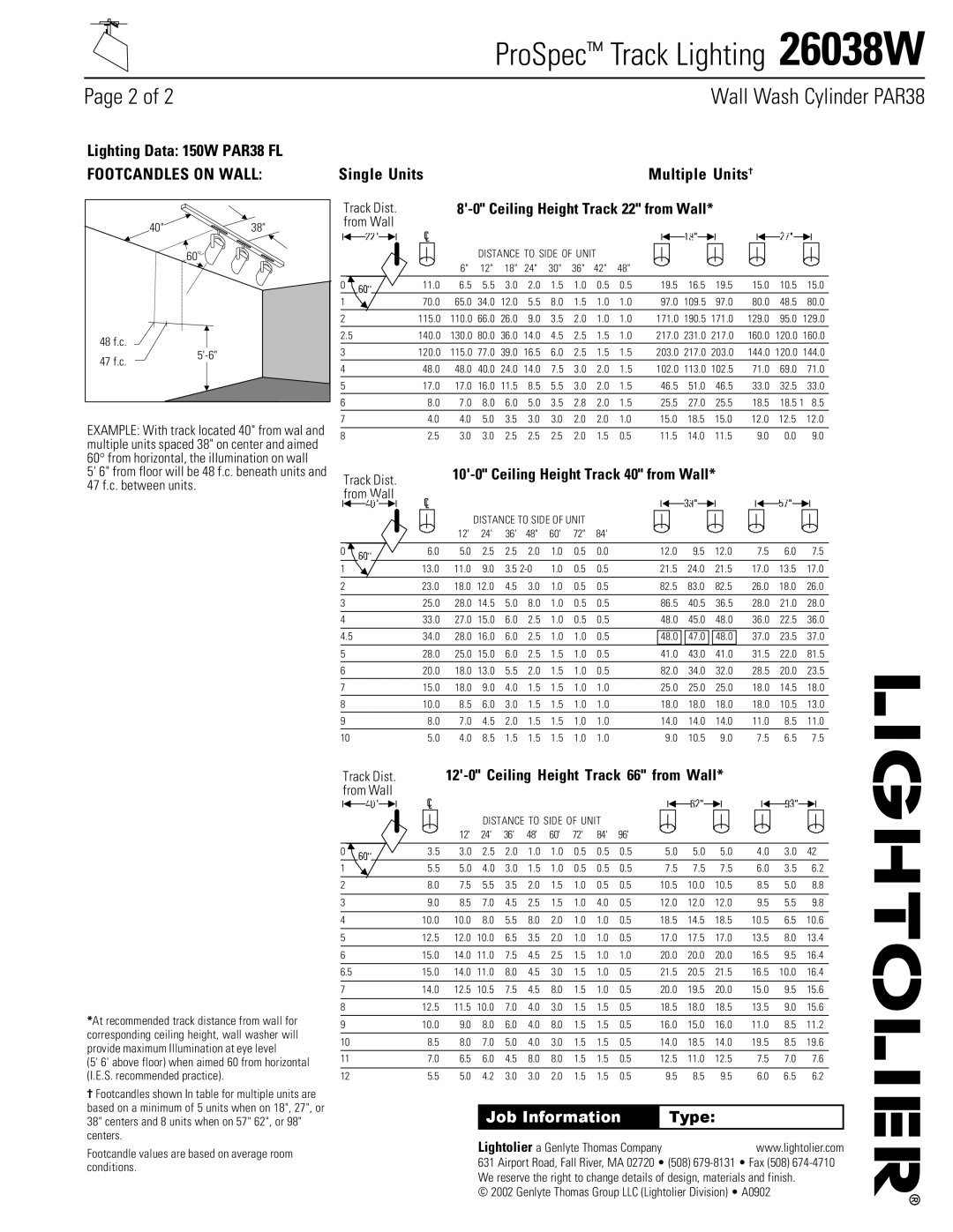 Lightolier 26038W Track Dist.8-0 Ceiling Height Track 22 from Wall* from Wall, Type, Ceiling Height Track 40 from Wall 