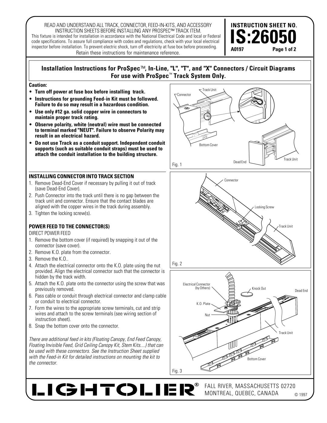 Lightolier instruction sheet IS26050, For use with ProSpec Track System Only, Installing Connector Into Track Section 