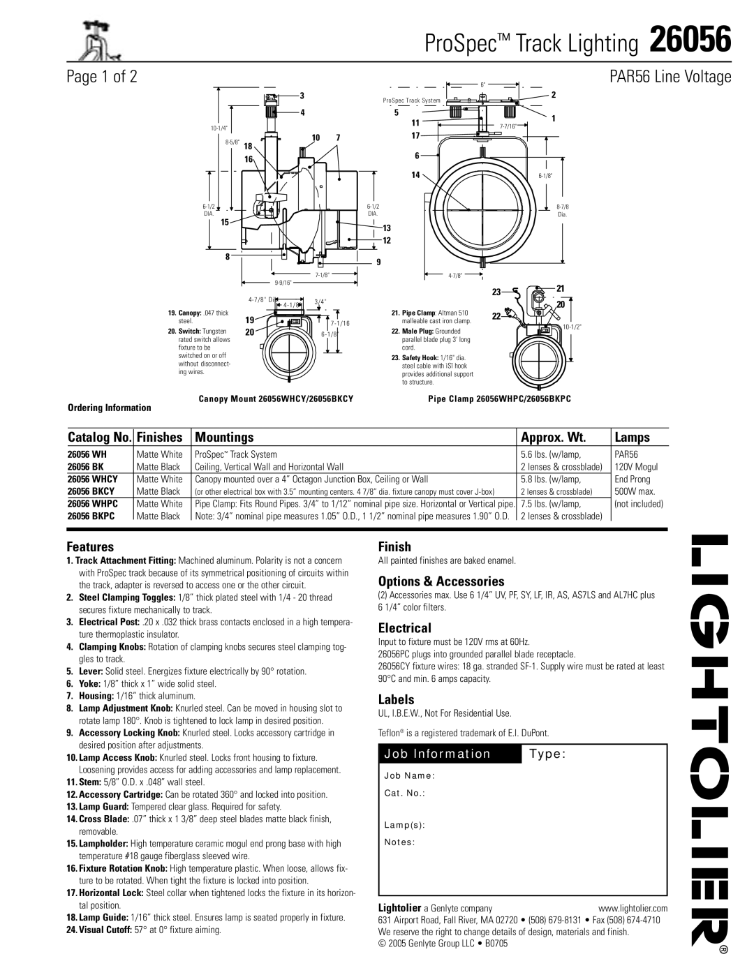 Lightolier 26056 manual Catalog No Finishes Mountings Approx. Wt Lamps, Features, Options & Accessories, Electrical 