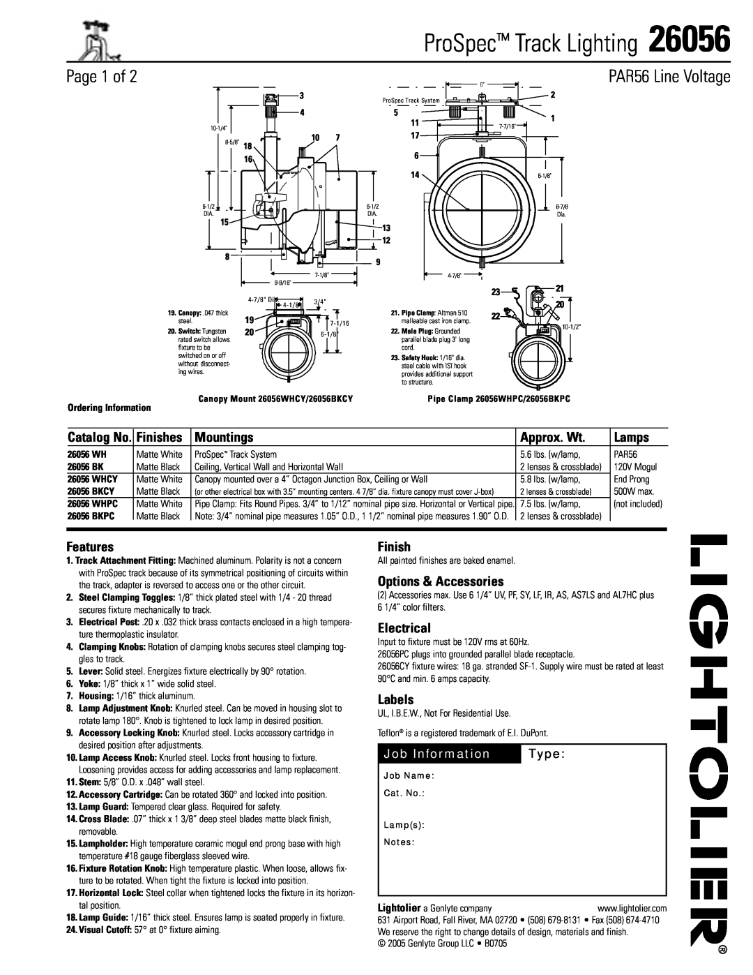 Lightolier 26056 manual ProSpec Track Lighting, PAR56 Line Voltage, Catalog No, Finishes, Mountings, Approx. Wt, Lamps 