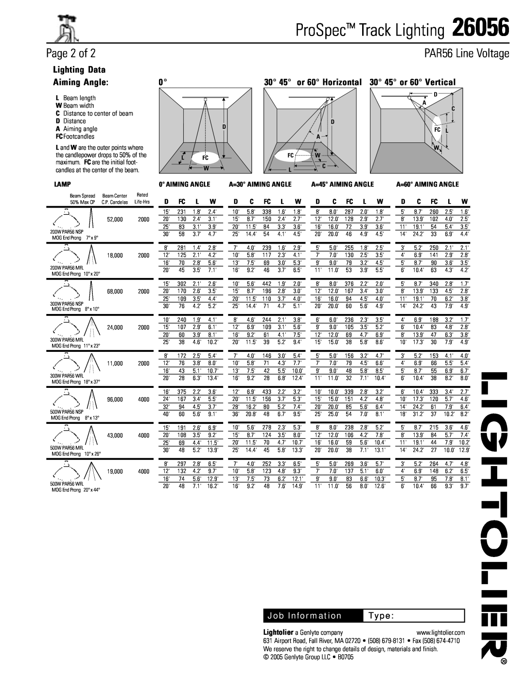 Lightolier 26056 Page 2 of, PAR56 Line Voltage, Lamp, Aiming Angle, D Fc L W, D C Fc L W, ProSpec Track Lighting, Type 