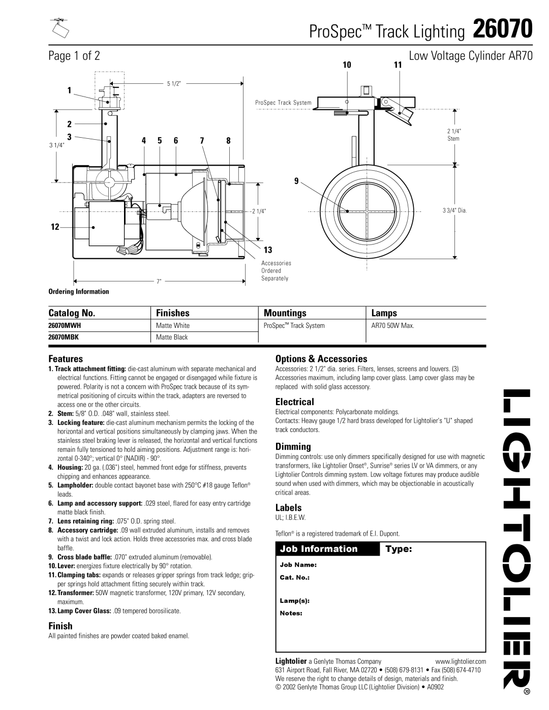 Lightolier 26070 manual Catalog No Finishes Mountings Lamps, Features, Options & Accessories, Electrical, Dimming, Labels 