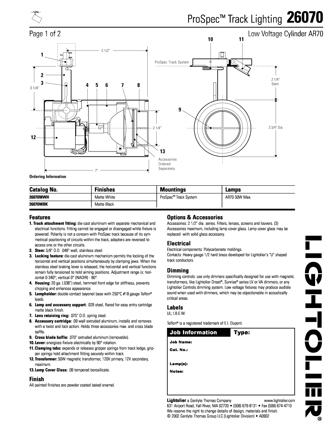 Lightolier 26070 manual ProSpec Track Lighting, Page 1 of, Catalog No, Finishes, Mountings, Lamps, Features, Electrical 