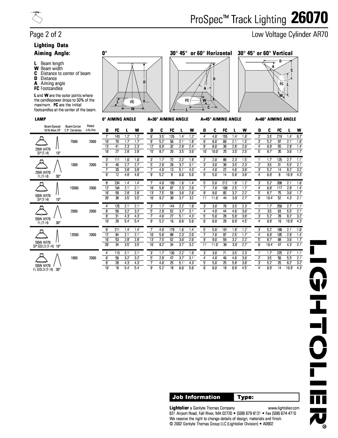 Lightolier 26070 Page 2 of, Lamp, D Fc L W, D C Fc L W, ProSpec Track Lighting, Low Voltage Cylinder AR70, Job Information 