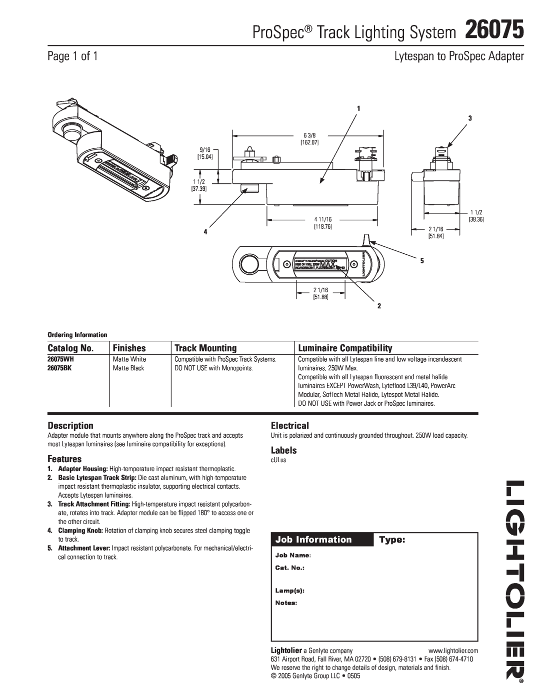 Lightolier 26075 manual ProSpec Track Lighting System, Page 1 of, Lytespan to ProSpec Adapter, Catalog No, Finishes, Type 