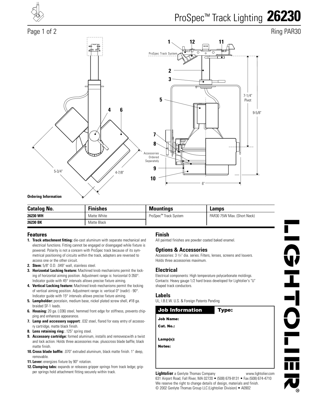 Lightolier 26230 manual Catalog No Finishes Mountings Lamps, Features, Options & Accessories, Electrical, Labels 