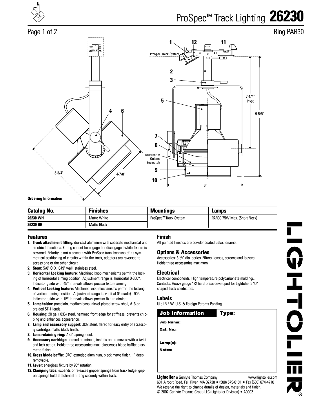 Lightolier manual Page 1 of, Job Information, Type, Ordering Information, 26230 WH, 26230 BK, ProSpec Track Lighting 