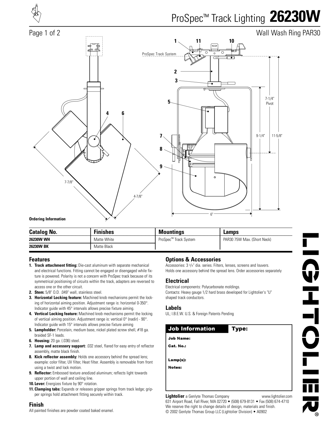 Lightolier 26230W manual Catalog No Finishes Mountings Lamps, Features, Options & Accessories, Electrical, Labels 