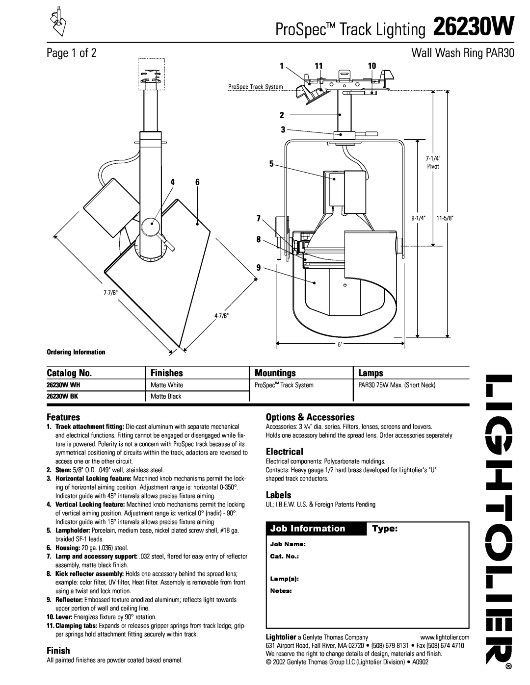 Lightolier manual Page 1 of, 2 3, Job Information, Type, Ordering Information, 26230W WH, 26230W BK, Catalog No, Lamps 