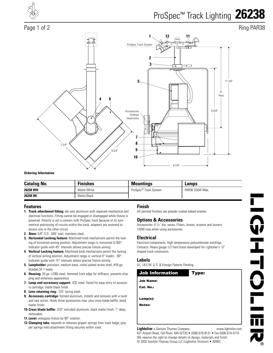 Lightolier 26238 manual Catalog No Finishes Mountings Lamps, Features, Options & Accessories, Electrical, Labels 