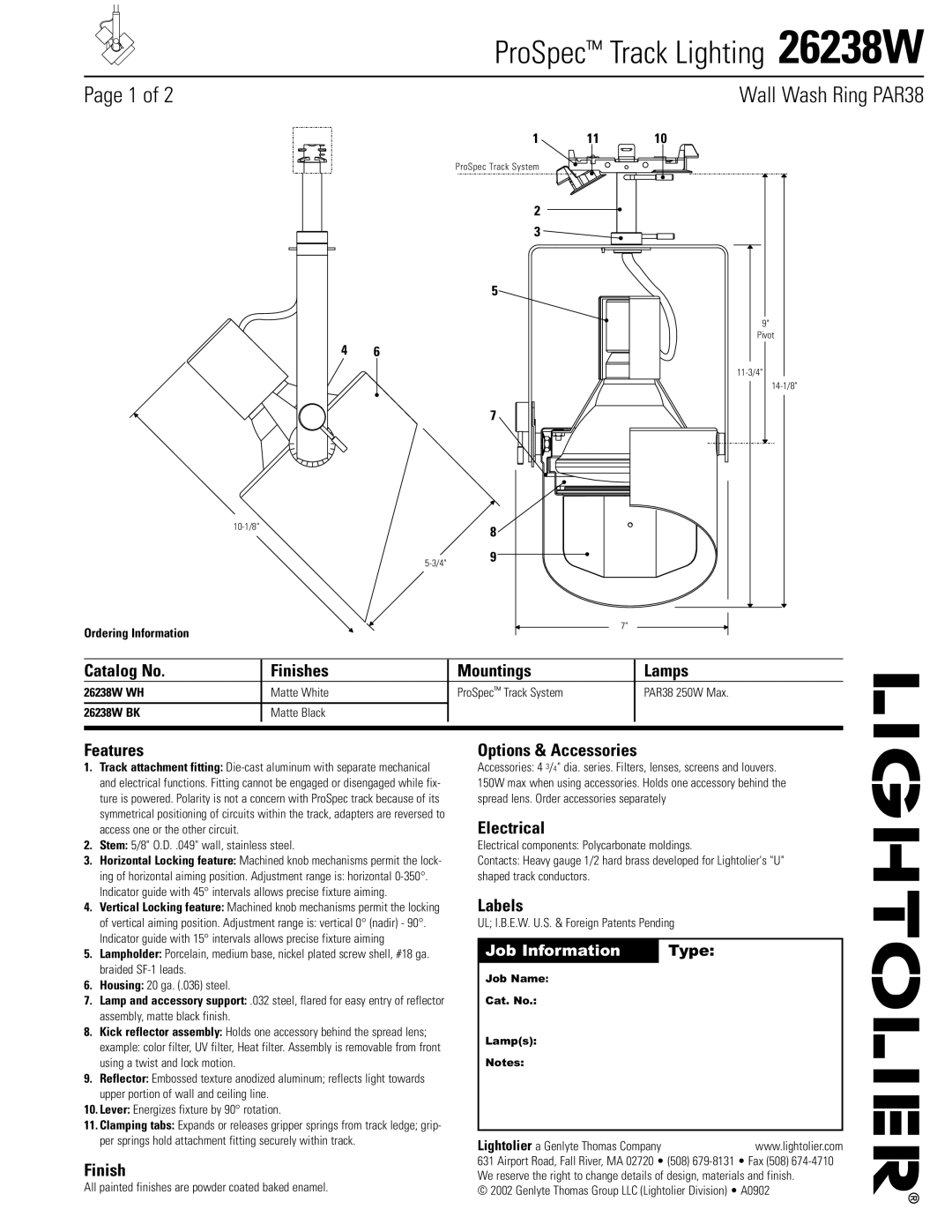 Lightolier 26238W manual Catalog No Finishes, Lamps, Features, Options & Accessories, Electrical, Labels 