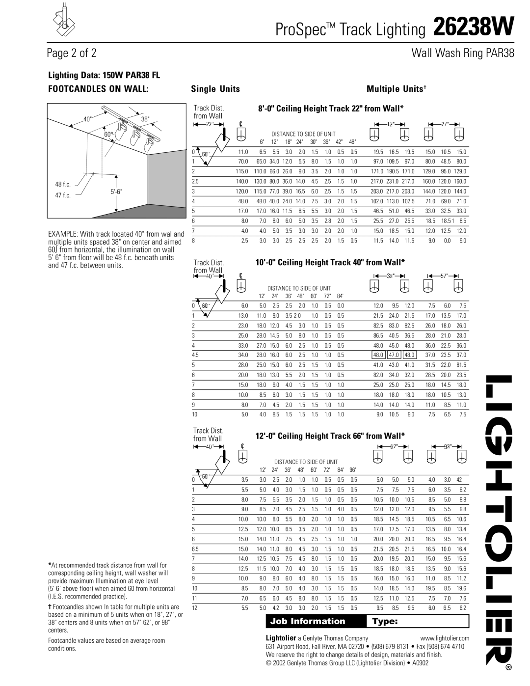 Lightolier 26238W manual Ceiling Height Track 22 from Wall, Ceiling Height Track 66 from Wall, From Wall 