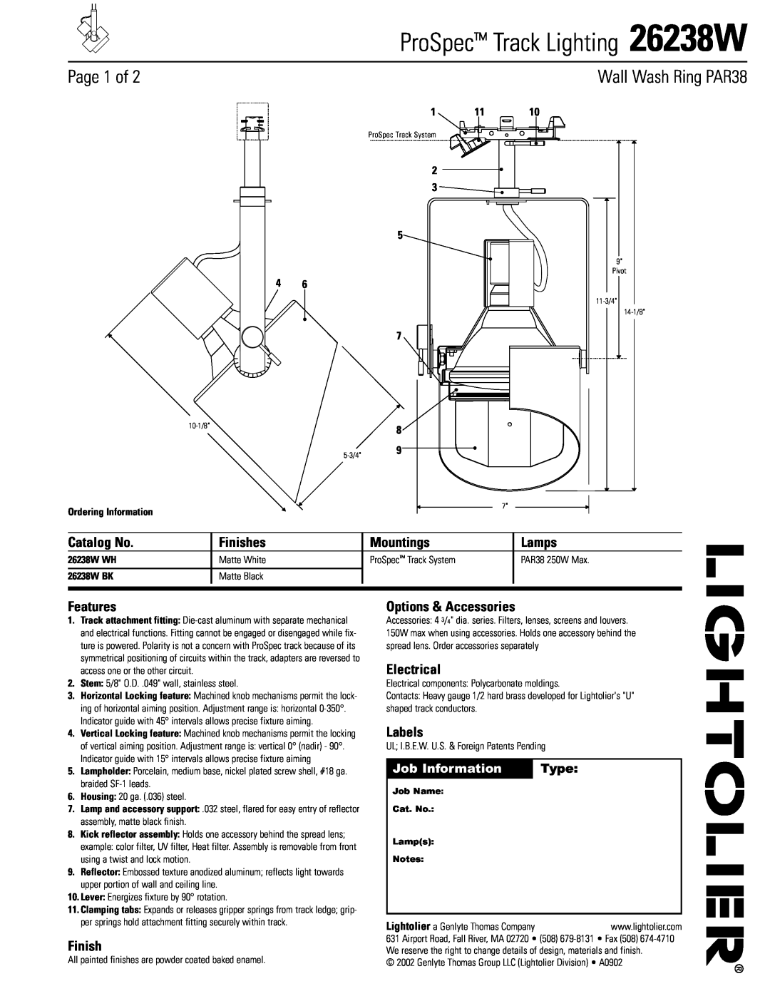 Lightolier manual Wall Wash Ring PAR38, Job Information, Type, Mountings, ProSpec Track Lighting 26238W, Page 1 of 