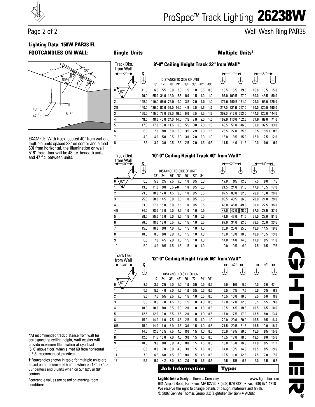 Lightolier 26238W Page 2 of, 8-0Ceiling Height Track 22 from Wall, 12-0Ceiling Height Track 66 from Wall, Single Units 
