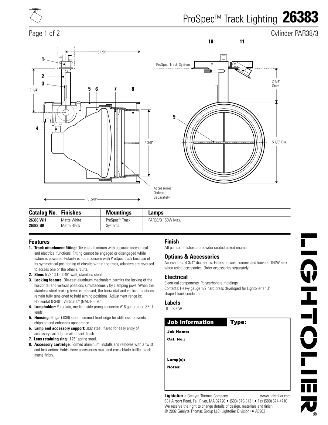 Lightolier 26383 manual Finishes Mountings Lamps, Features, Options & Accessories, Electrical, Labels 