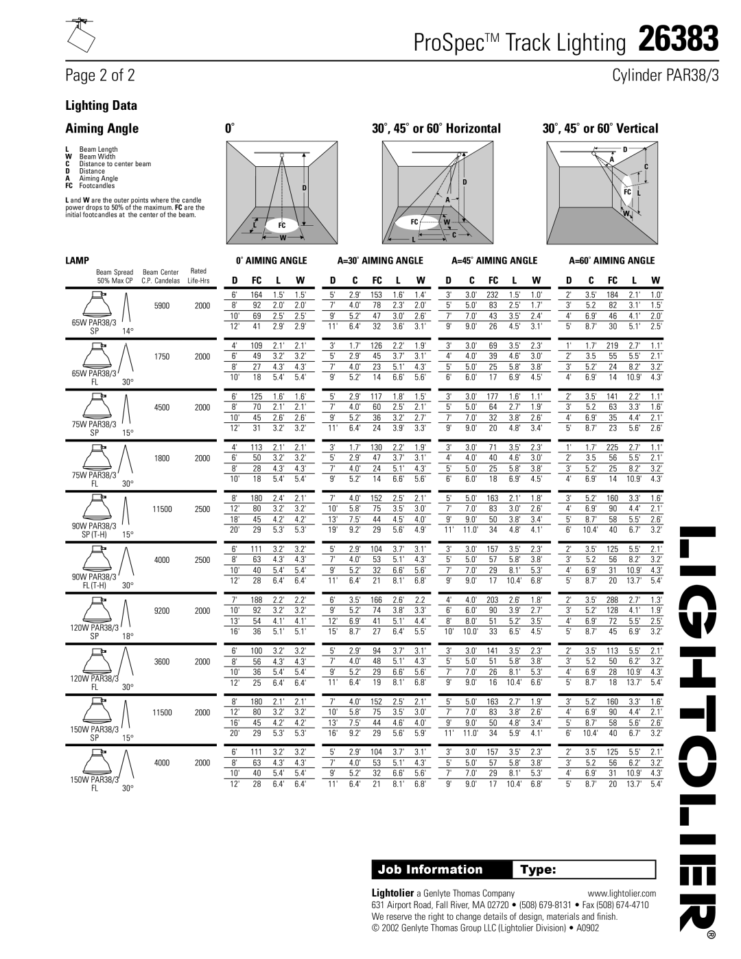 Lightolier 26383 manual Lighting Data Aiming Angle, 30˚, 45˚ or 60˚ Horizontal 