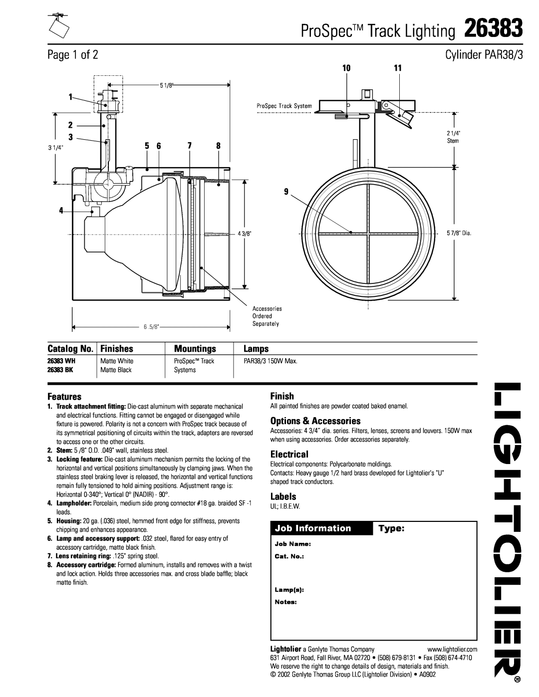 Lightolier 26383 manual ProSpecTM Track Lighting, Page 1 of, Cylinder PAR38/3, Finishes, Mountings, Lamps, Features, Type 