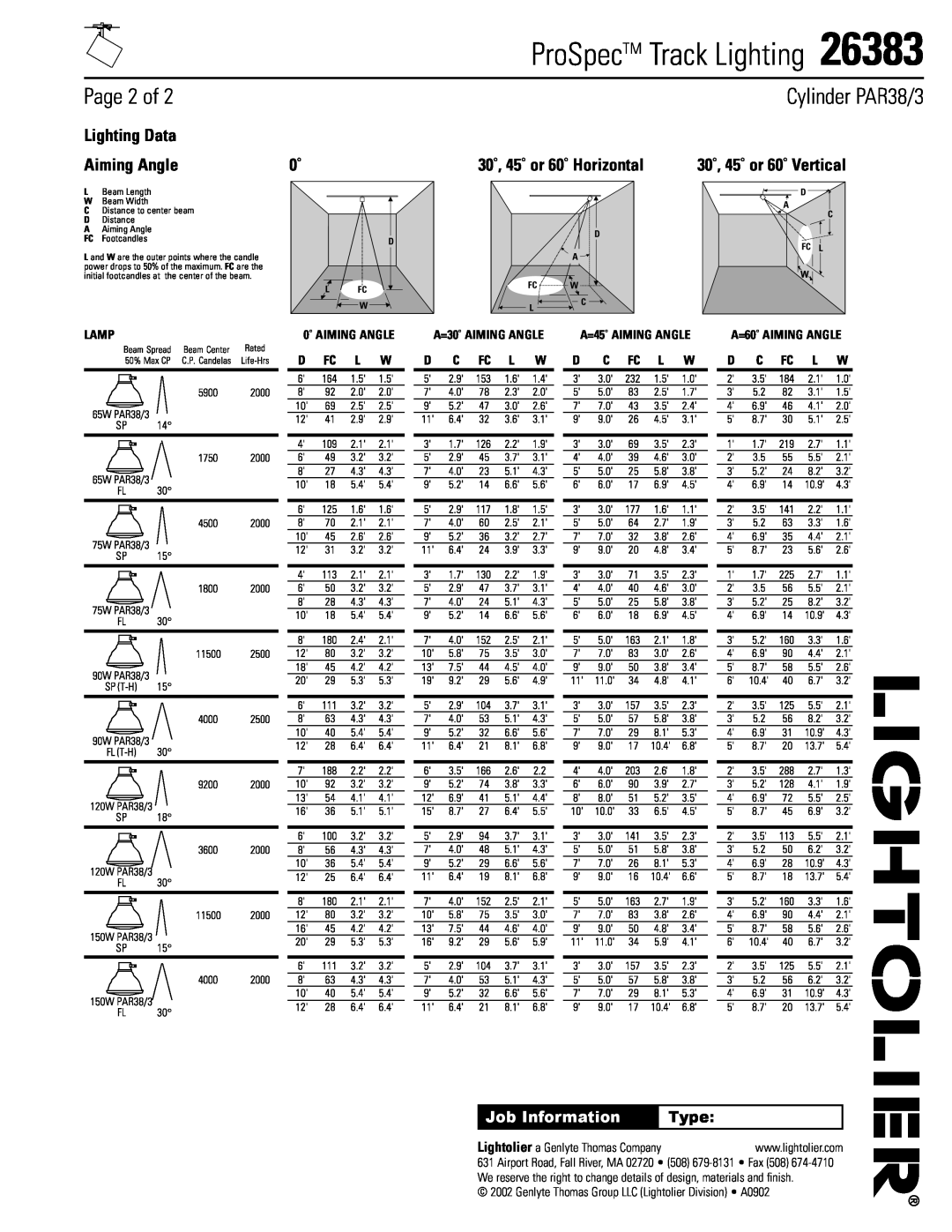 Lightolier 26383 Page 2 of, Lighting Data, Aiming Angle, 30˚, 45˚ or 60˚ Horizontal, Lamp, ProSpecTM Track Lighting, Type 