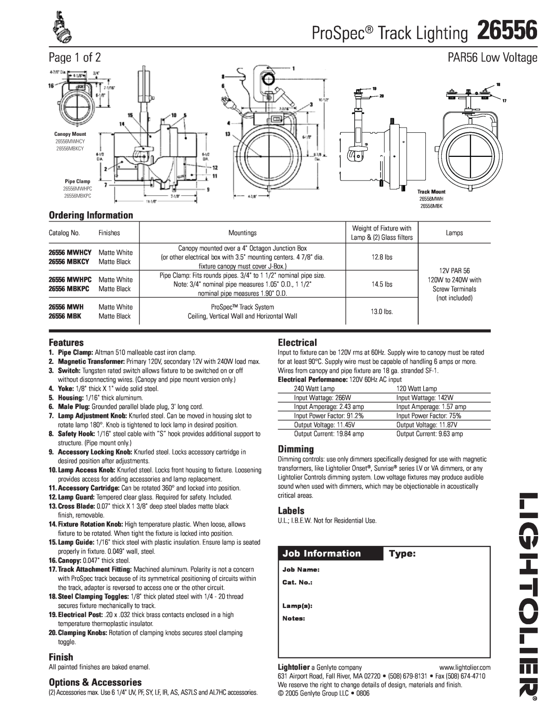 Lightolier 26556 manual Ordering Information, Features, Finish, Options & Accessories, Electrical, Dimming, Labels, Type 