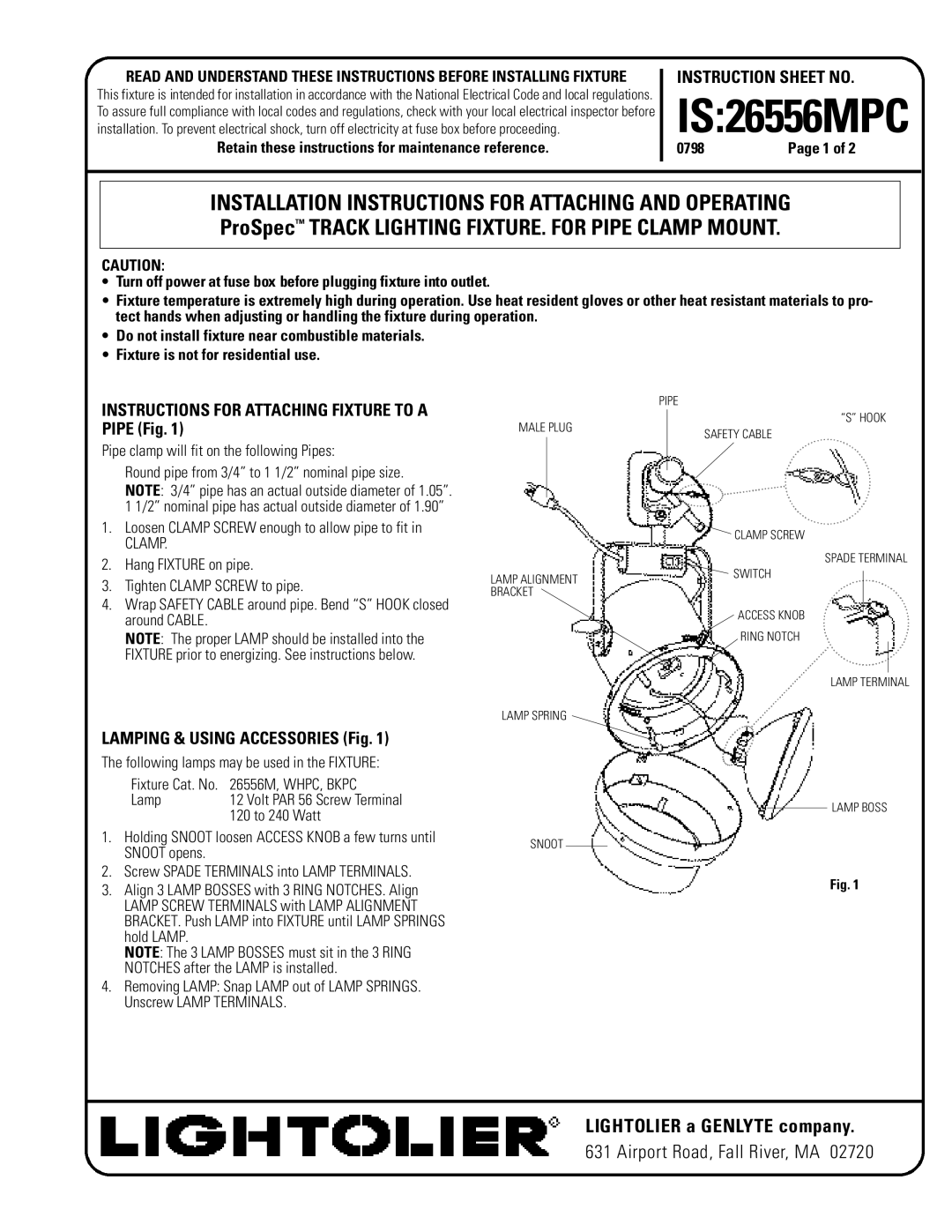 Lightolier 26556MPC instruction sheet Instructions for Attaching Fixture to a Pipe Fig, Lamping & Using Accessories Fig 