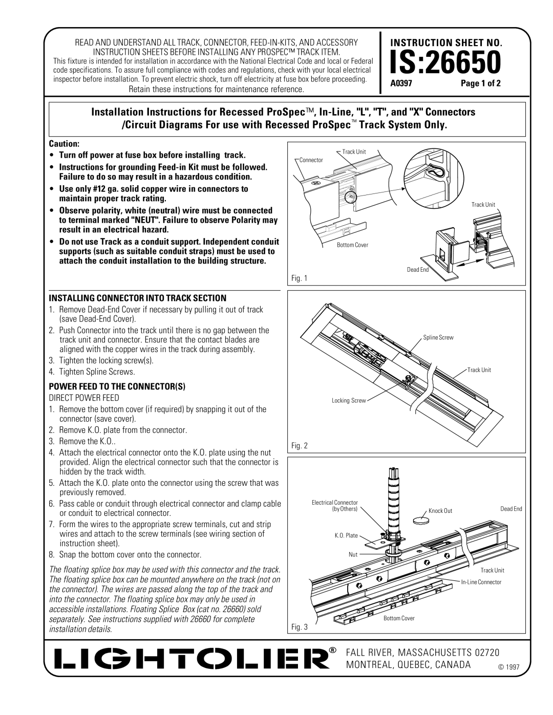 Lightolier instruction sheet IS26650, Installing Connector Into Track Section, Power Feed to the Connectors 