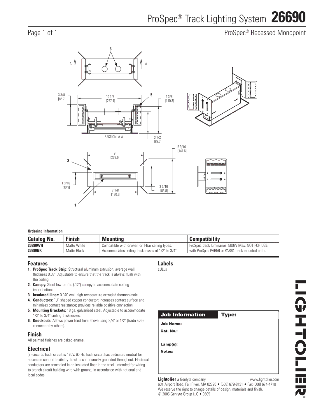 Lightolier 26690 manual ProSpec Track Lighting System, ProSpec Recessed Monopoint 