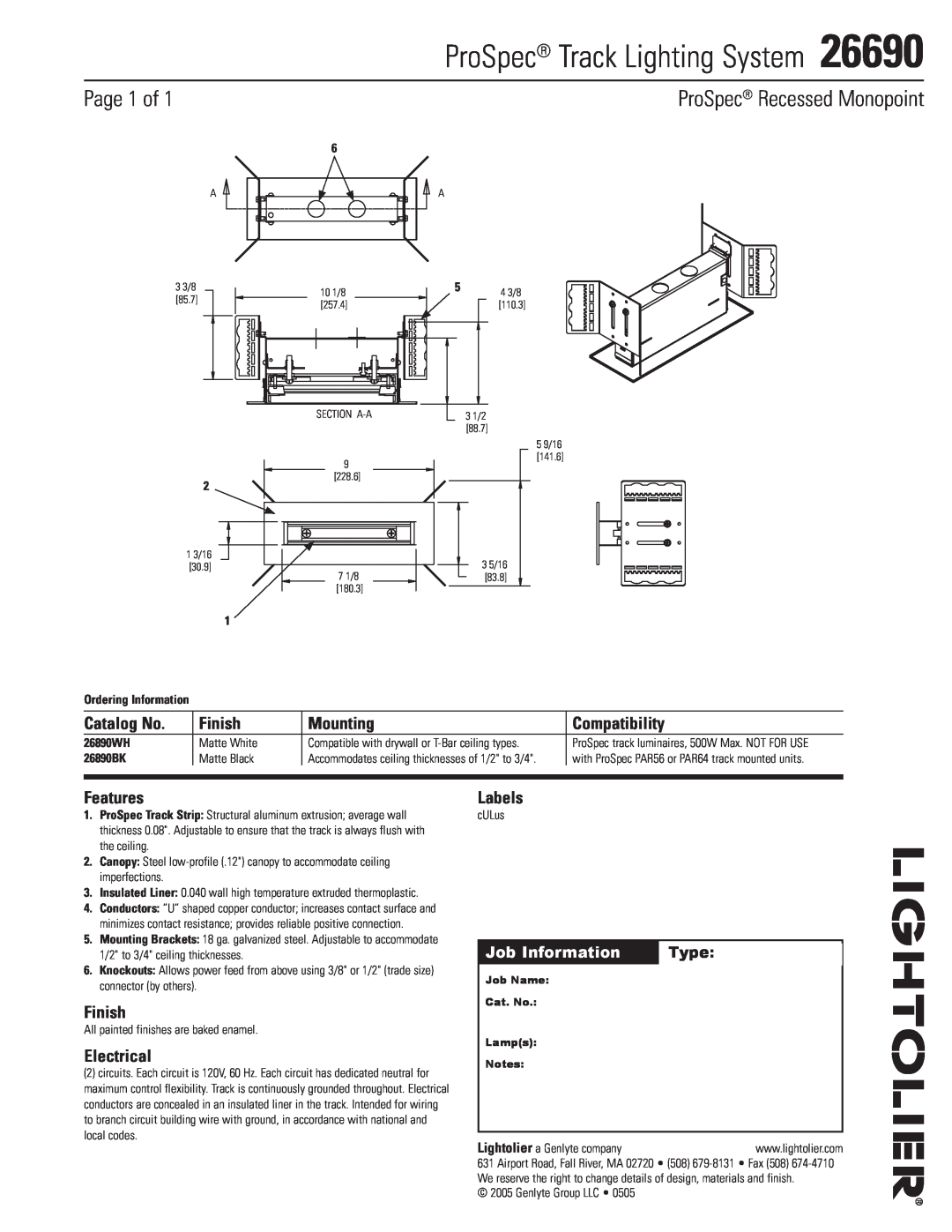 Lightolier 26690 manual ProSpec Track Lighting System, Page 1 of, ProSpec Recessed Monopoint, Catalog No, Finish, Mounting 
