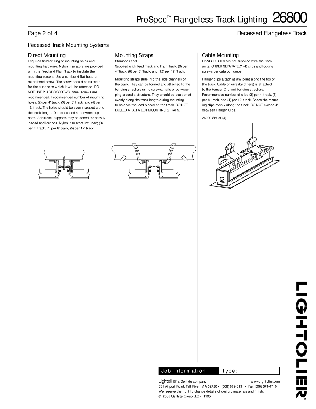 Lightolier 26800 manual Recessed Track Mounting Systems Direct Mounting, Mounting Straps, Cable Mounting 