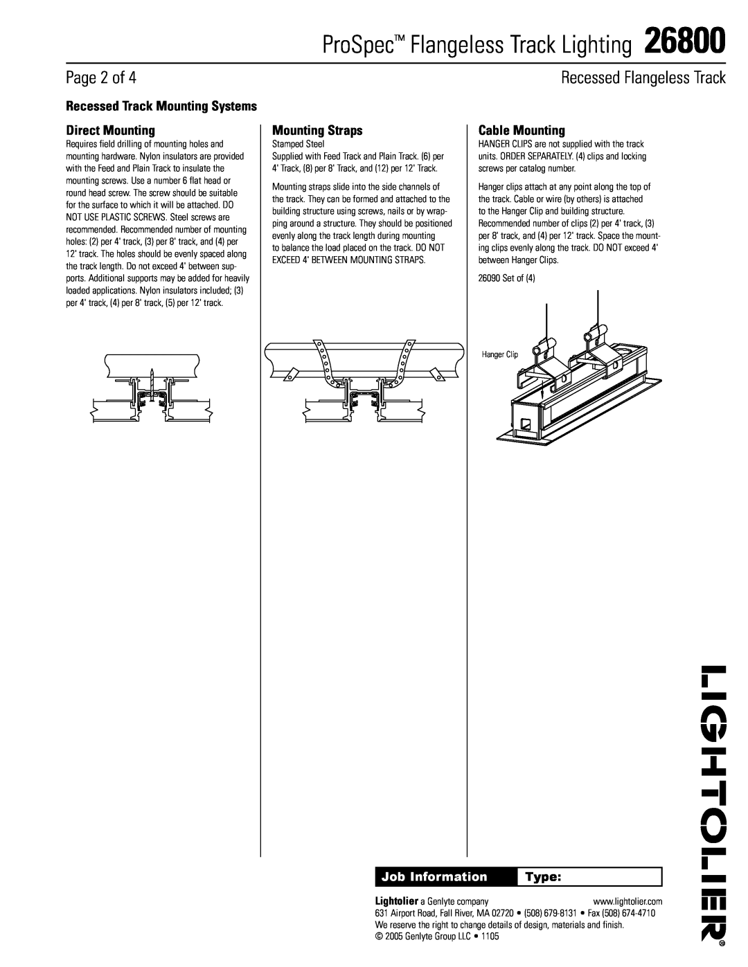 Lightolier 26800 manual Page of, Recessed Track Mounting Systems Direct Mounting, Mounting Straps, Cable Mounting, Type 