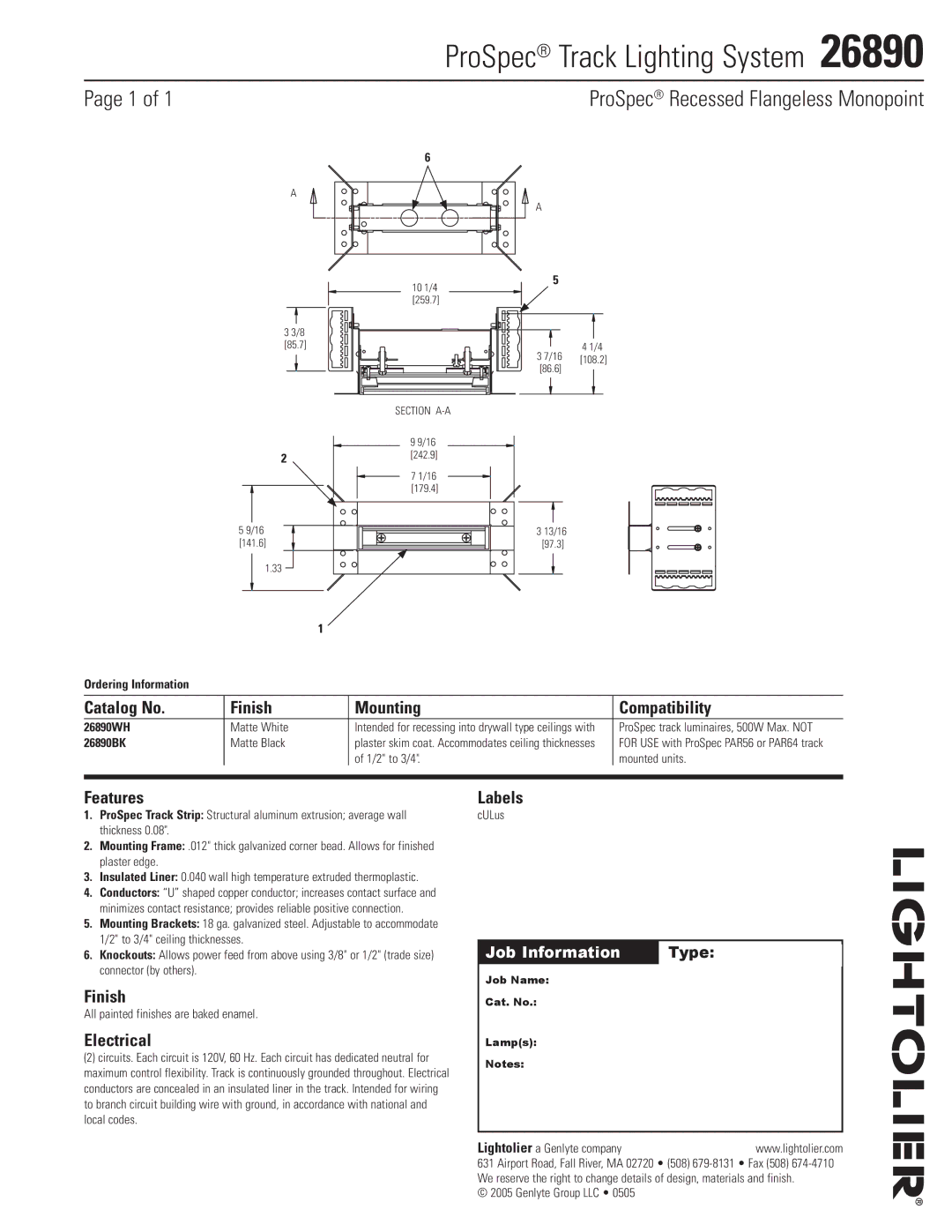 Lightolier 26890 manual ProSpec Track Lighting System, ProSpec Recessed Flangeless Monopoint 