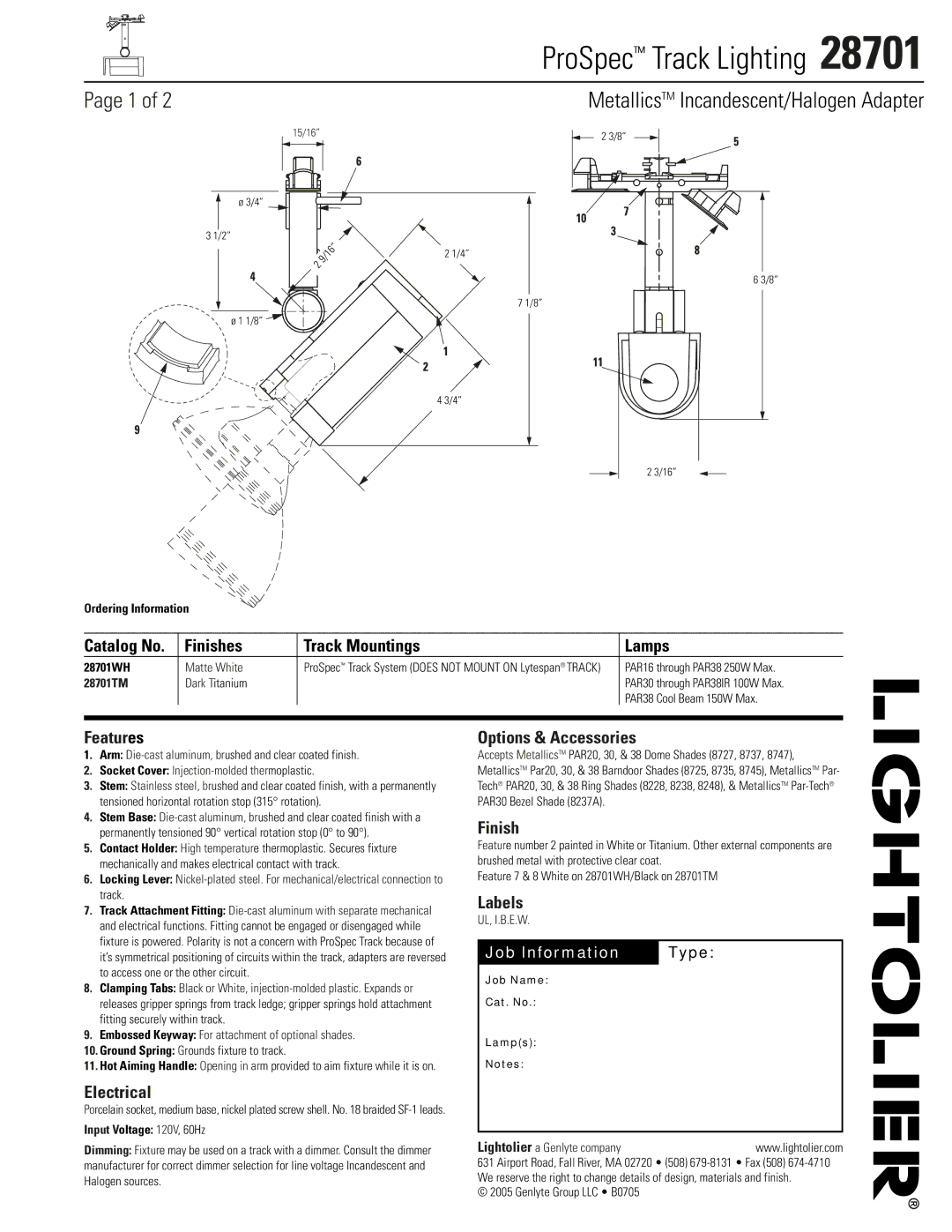 Lightolier 28701 manual Features, Electrical, Options & Accessories, Finish, Labels 