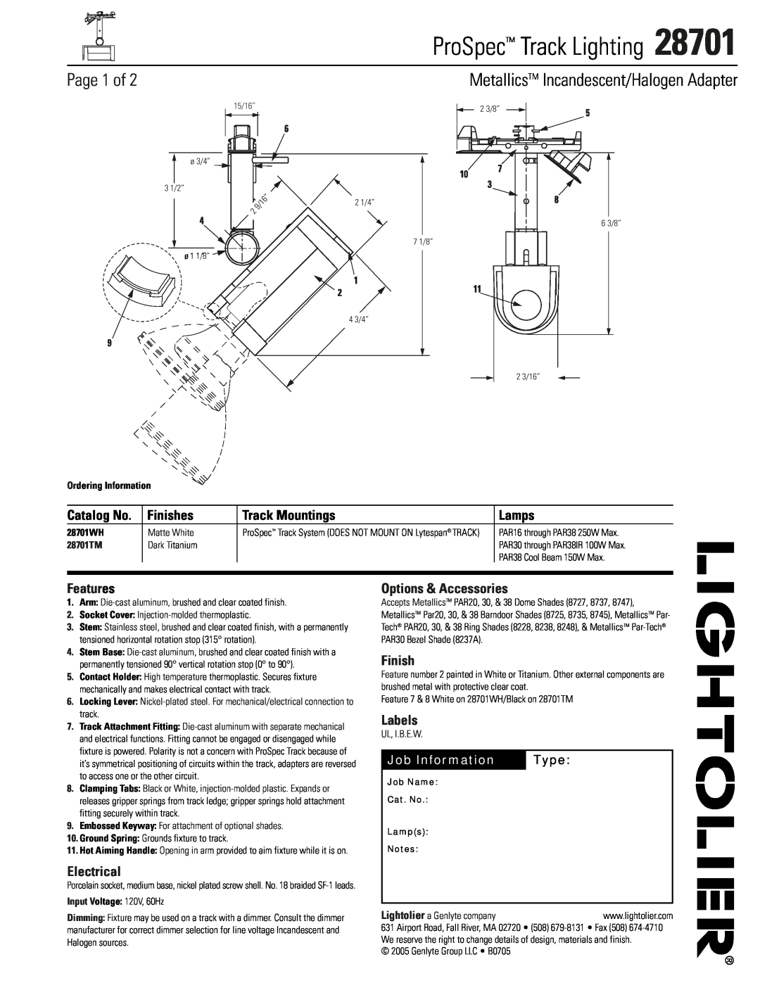 Lightolier 28701 manual Page 1 of, Features, Electrical, Options & Accessories, Finish, Labels, Job Information, Type 