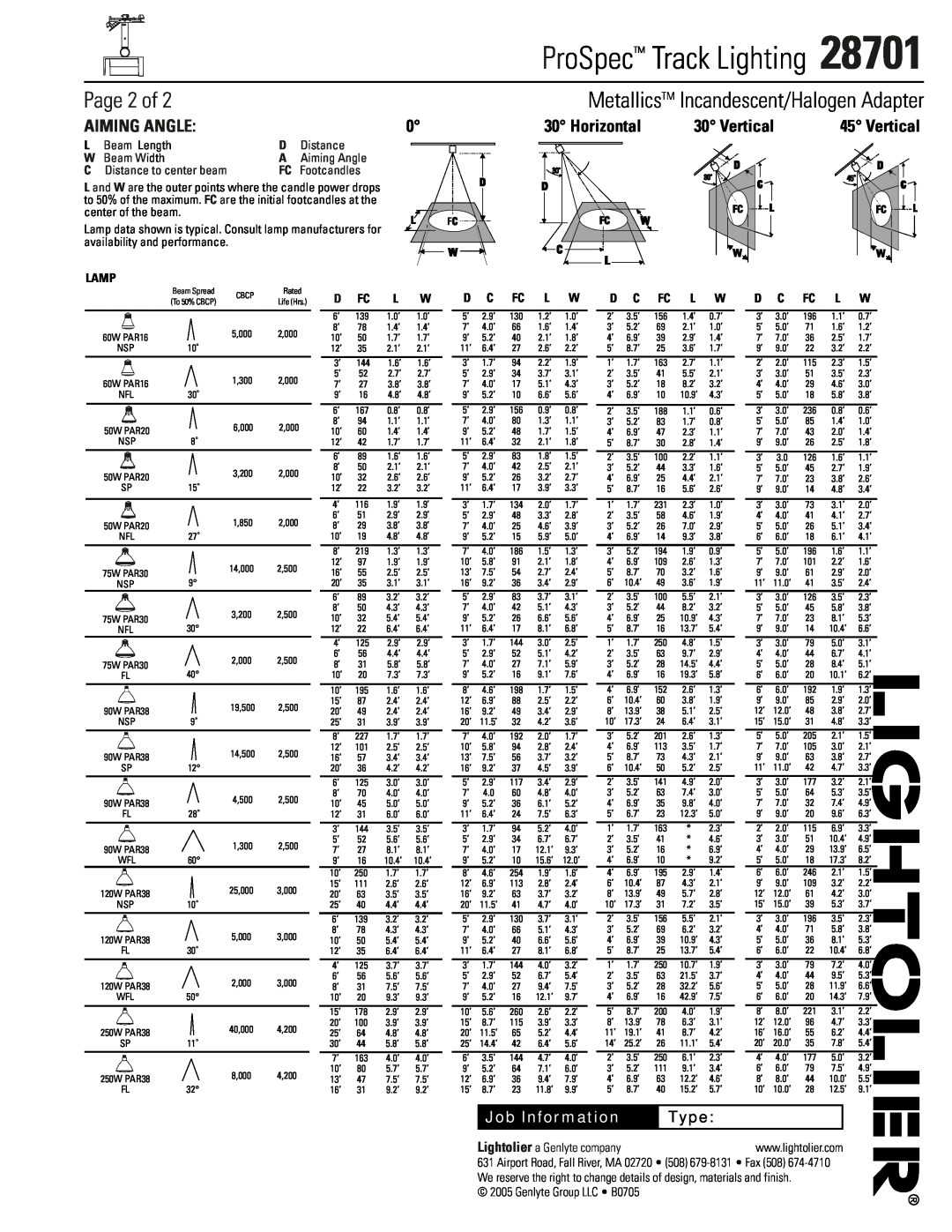 Lightolier 28701 Page 2 of, Aiming Angle, Horizontal, Vertical, L Beam Length, Distance, W Beam Width, FC Footcandles 