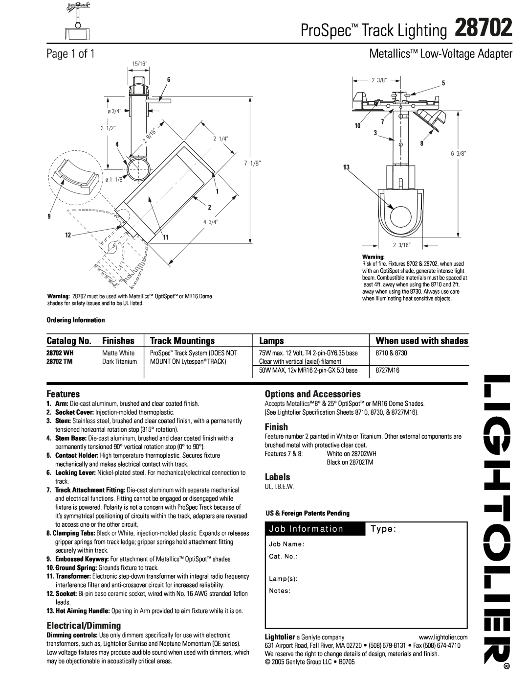 Lightolier 28702 specifications ProSpec Track Lighting, Page 1 of, MetallicsTM Low-VoltageAdapter, Catalog No, Finishes 