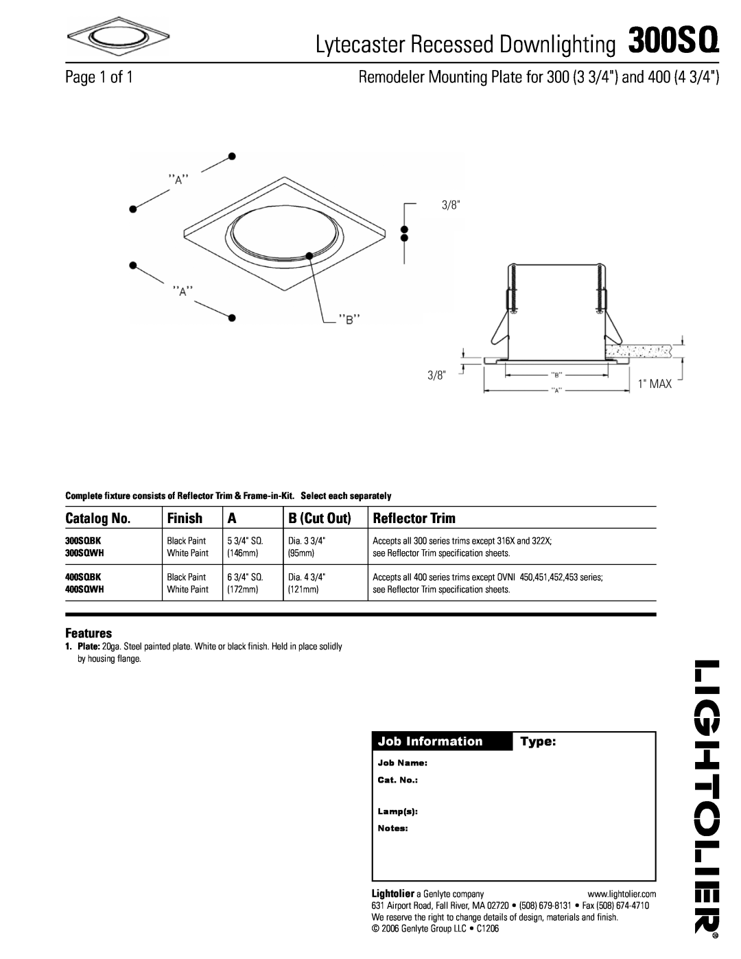 Lightolier specifications Lytecaster Recessed Downlighting 300SQ, Page of, Catalog No, Finish, B Cut Out, Features 